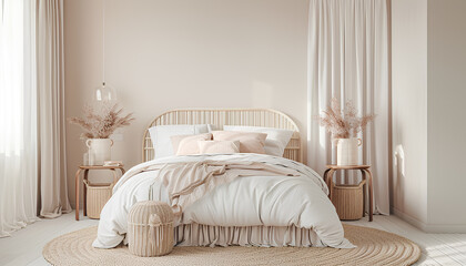 Interior of light bedroom with bedside tables and big bed