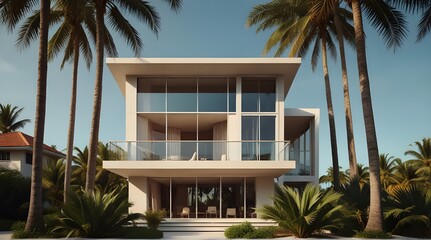 Geometric abstract house or hotel. Beach house or villa among palm trees.generative.ai