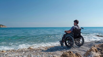 Fototapeta premium Electric Wheelchair with Liberation. Disabled man with Muscular Dystrophy feels Freedom and Joy