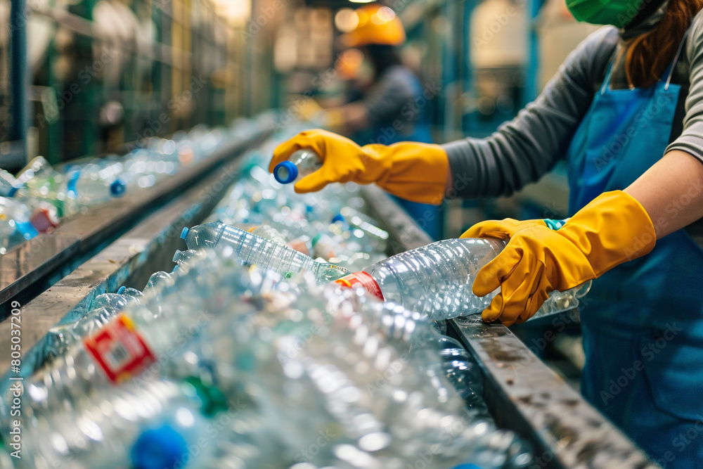 Poster close-up of gloved hands sorting plastic bottles on a conveyor, a testament to the dedication in rec