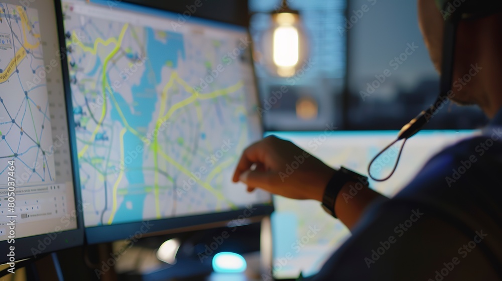 Poster logistic coordinator plotting routes on digital map, close-up on screen and hands, clear focus, offi