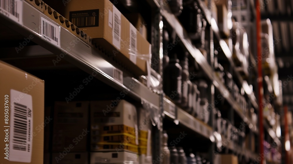 Aufkleber warehouse shelves stocked with goods, close view of items with scan codes, precise focus, ambient li