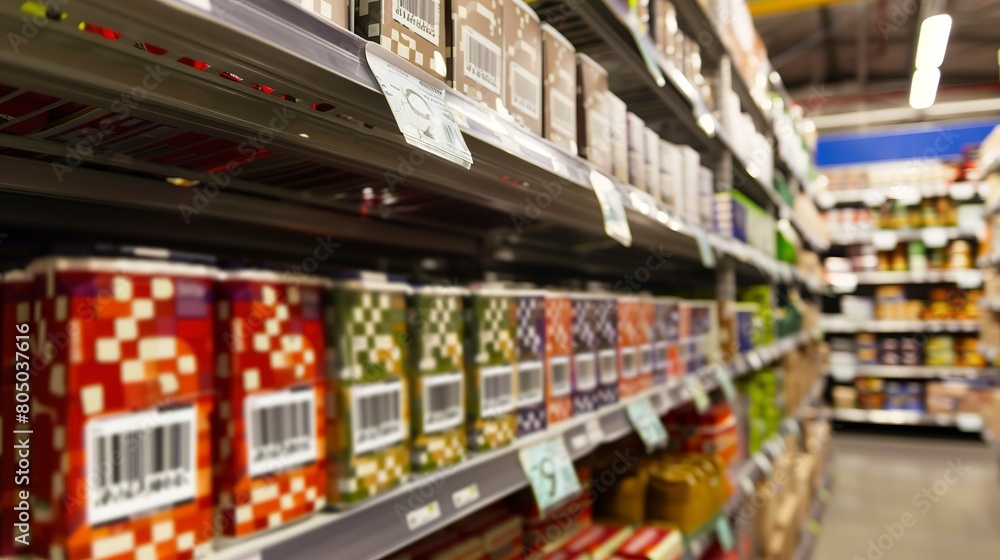 Poster warehouse shelves stocked with goods, close view of items with scan codes, precise focus, ambient li