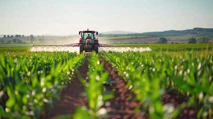 Farm Agriculture: Tractor Spraying Pesticides and Fertilizers on Corn Field Crop