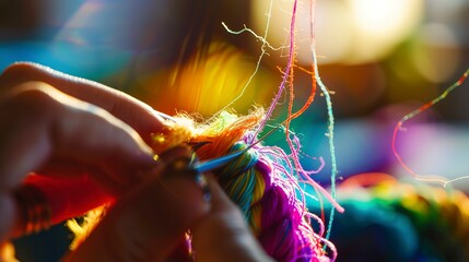 Close-up of a seamstress threading a needle, vibrant thread colors, focused detail, soft natural light.