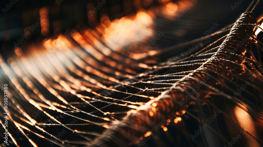 Poster close-up on knitting machine weaving yarn, intricate detail of loops and yarn, ambient light.