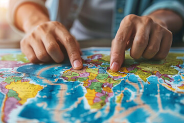 Close-up of hands over a world map with trade routes, pointing at major global trade ports  