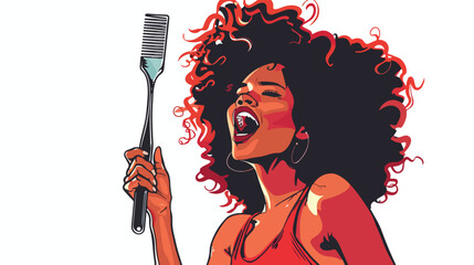 Excited woman with Afro hair singing while holding 
