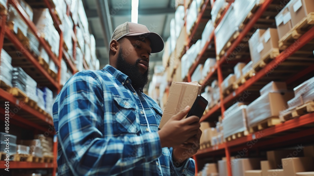 Poster professional project manager hands looking tablet while checking product at warehouse. start up smar