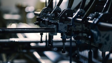 Fototapeta premium Garment printing press in action, close view of ink application, sharp detail, industrial lighting.