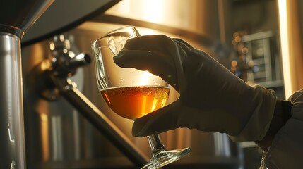 Brewery worker testing beer color and clarity in a glass, detailed view, amber liquid, soft backlight. 