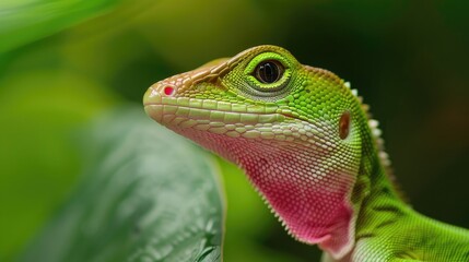 Fototapeta premium Closeup of Green Anole Lizard (Anolis carolinensis) displaying its Bright Pink Dewlap in a Wildlife