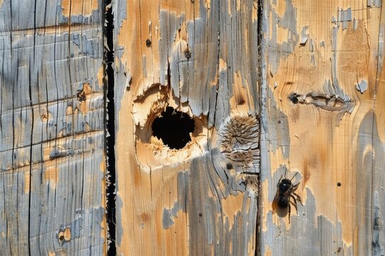 Carpenter Bees Damaging Wooden Fence - Closeup of Worn Holes and Damage caused by Carpenter Bees