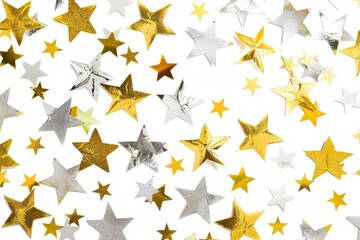 A pattern of 3D stars in the silver and gold colors and shiny metallic material isolated on white background.