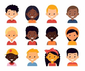 Diverse Group of Cartoon Kids Faces Smiling Portraits Collection