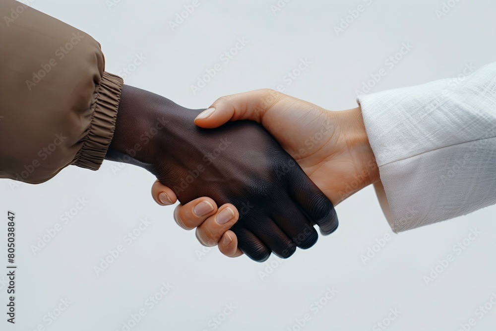 Poster handshake symbolizing friendship and unity. multiracial cooperation, caucasian and black hands join