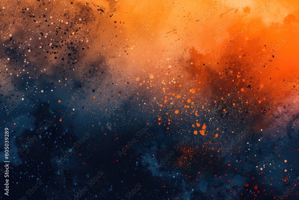 Poster a colorful background with orange and blue splatters. the splatters are in different sizes and are s