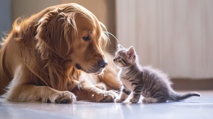 Gentle golden retriever gazing at a curious kitten indoors