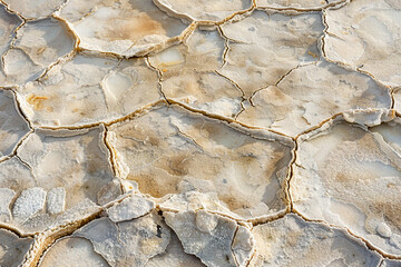 Fototapeta premium Close-up of the intricate patterns formed by salt in a drying salt lake, illustrating the evaporation process and mineral deposits 