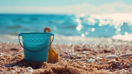 An orange bucket and shovel are resting on the sandy beach, surrounded by azure water and a clear sky in a coastal ecoregion. A perfect spot for leisure and travel in this natural coastal landscape