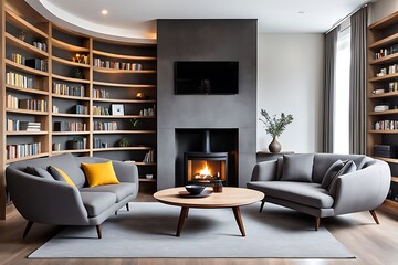  Barrel chair and round coffee table near grey corner fabric sofa against the wall with fireplace and bookshelves design. The interior design of the modern living room. 