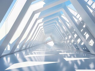 A modern architectural design showcasing a long corridor with repeating geometric structures casting shadows.