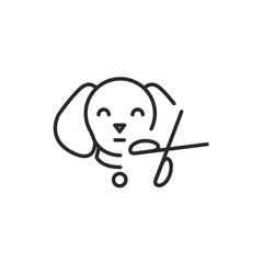 Dog Grooming icon. This icon portrays a happy dog with grooming scissors, symbolizing the care and hygiene services provided by pet groomers. Vector illustration