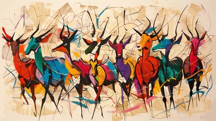 Colorful Abstract Antelopes, Dynamic Expressionist Wildlife Art