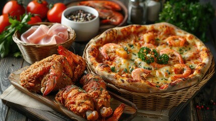 A table with a pizza, shrimp, and other food
