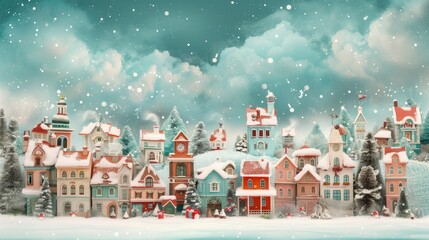 Christmas village with Snow in vintage style. Winter Village Landscape