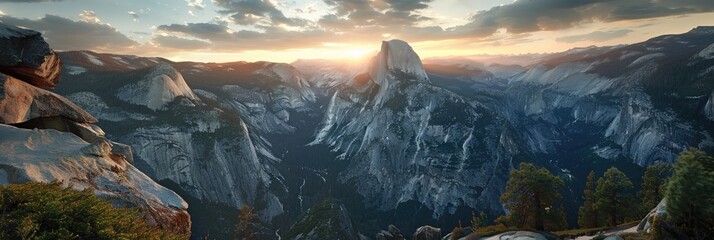 Half Dome Sunset Panorama: A Majestic View of Half Dome Cliff in National