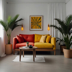 Luxury livingroom decoration or apartment interior design with houseplant, sofa, table, chair, holding light and furniture ai generative 