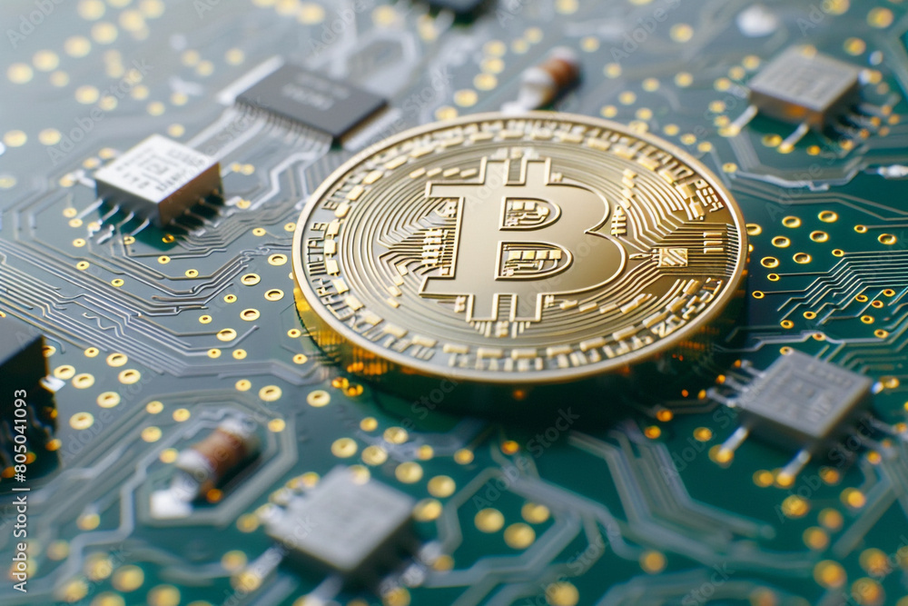 Poster close-up on a 3d bitcoin coin on a circuit board, symbolizing the technological foundation of crypto