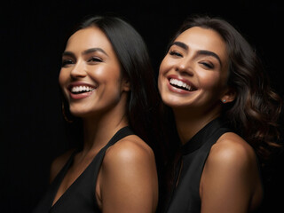 two women smiling in black background