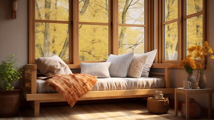 A cozy wooden daybed nestled by a sunny window, offering a tranquil spot for relaxation and daydreaming