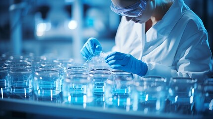  A scientist wearing a lab coat and safety goggles works in a laboratory.