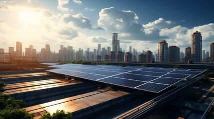 Fototapeta premium A beautiful blue sky with white clouds over a city with many skyscrapers and solar panels on the buildings.