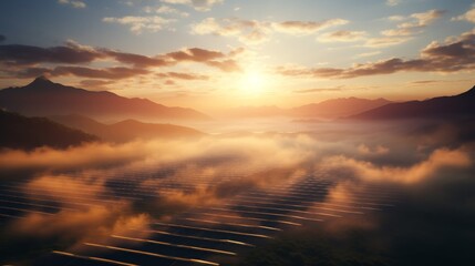 Fototapeta premium A beautiful landscape image of a large solar farm at sunset.