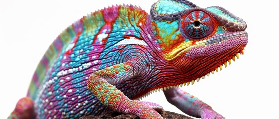 A colorful chameleon is sitting on a brown log