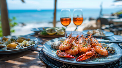 Fresh seafood platter and glasses of rose wine served on a beachside table with ocean view
