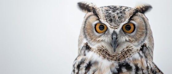 A large owl with yellow eyes is staring at the camera