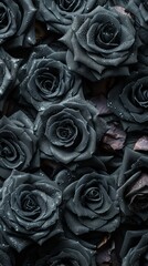 A close up of black roses with a shiny, glittery appearance