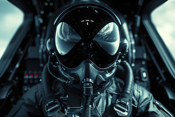 Mysterious pilot wearing a futuristic helmet in the cockpit of a fighter jet