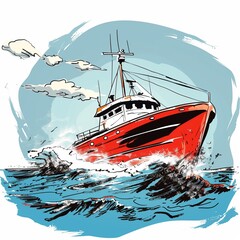 Red Fishing Boat on Turbulent Sea Waves Illustration with Cloudy Sky Background