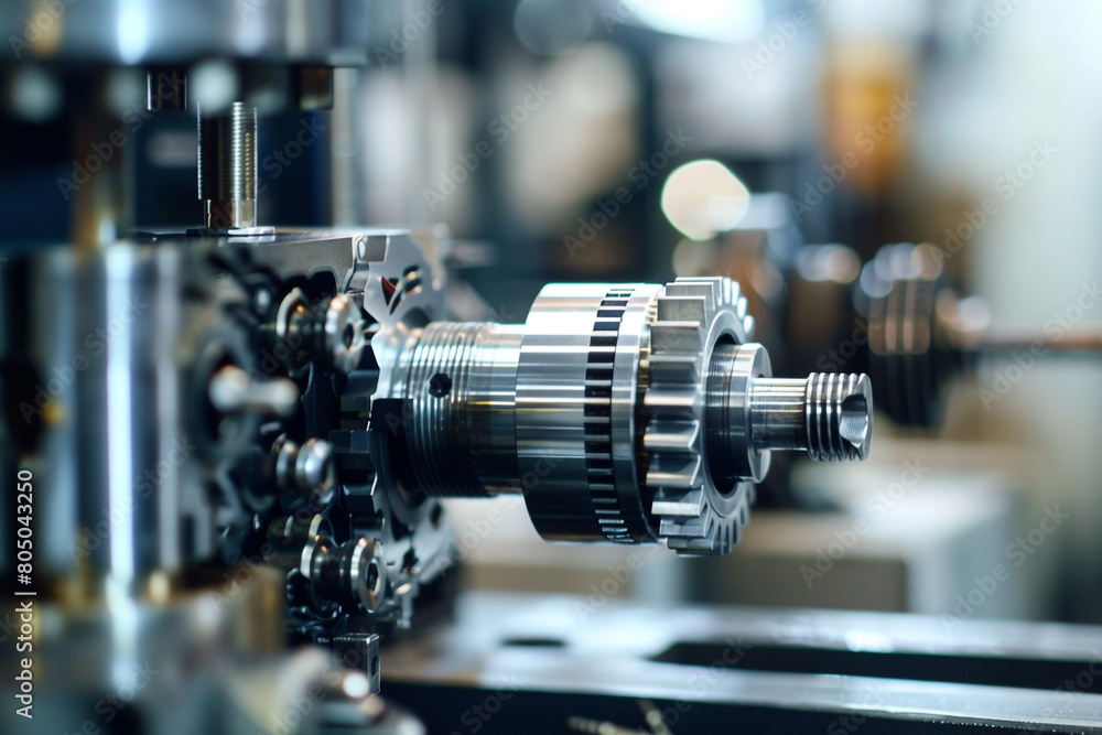 Poster close-up on the art of mechanical engineering, gears and components in sharp focus, amidst workshop 