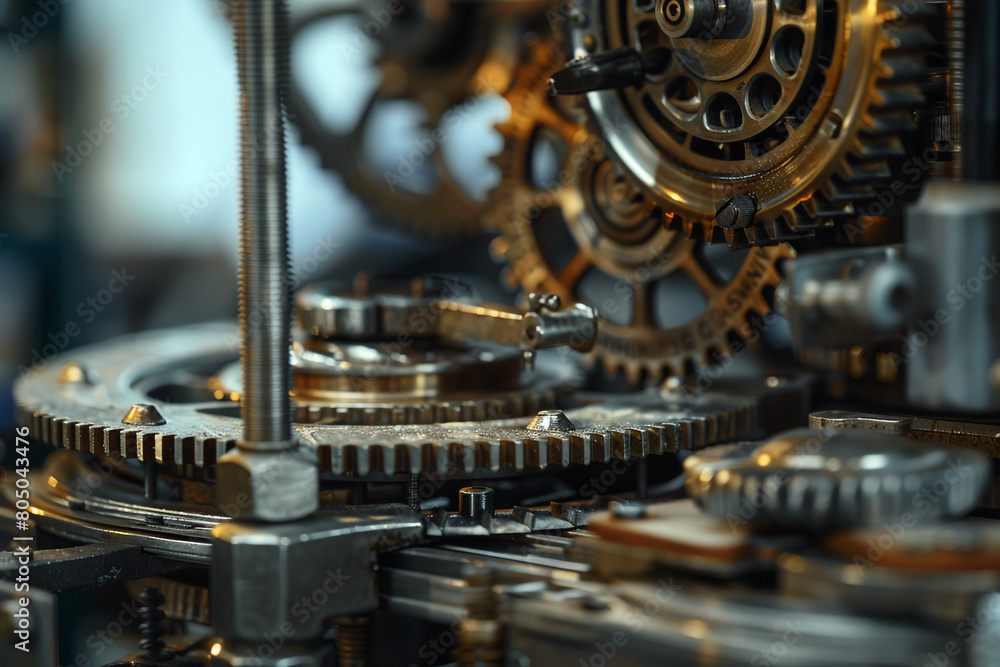 Poster close-up on the art of mechanical engineering, gears and components in sharp focus, amidst workshop 