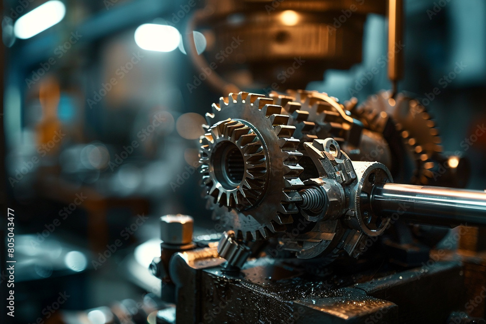Poster close-up on the art of mechanical engineering, gears and components in sharp focus, amidst workshop 
