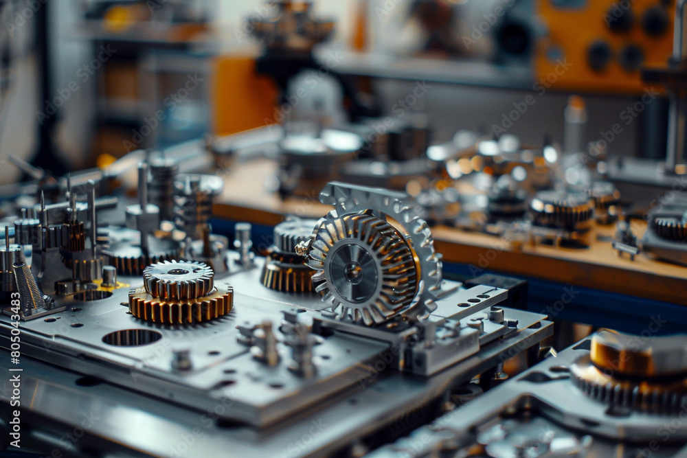 Poster close-up on the art of mechanical engineering, gears and components in sharp focus, amidst workshop 