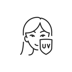UV protection icon. A minimalistic depiction of a female face with a protective shield marked 'UV,' representing the importance of safeguarding the skin from ultraviolet rays. Vector illustration