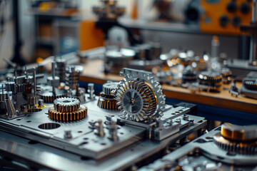 Close-up on the art of mechanical engineering, gears and components in sharp focus, amidst workshop ambiance 